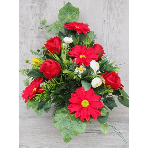 Czerwona gerbera z różą stroik + bukiet do wazonu