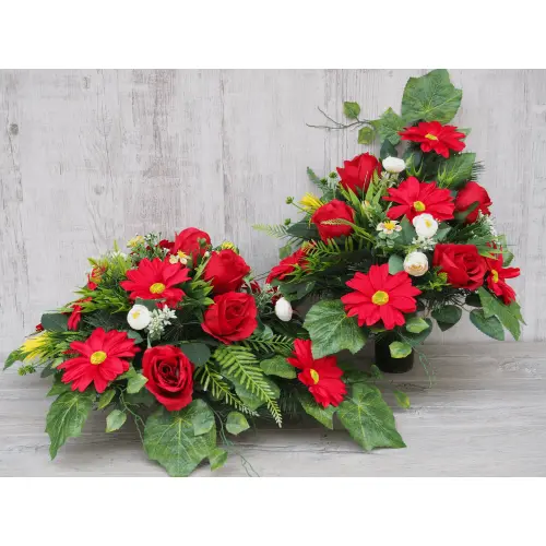 Czerwona gerbera z różą stroik + bukiet do wazonu