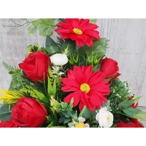 Czerwona gerbera z różą stroik + bukiet do wazonu