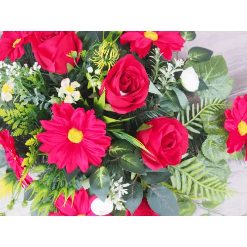 Czerwona gerbera z różą stroik + bukiet do wazonu