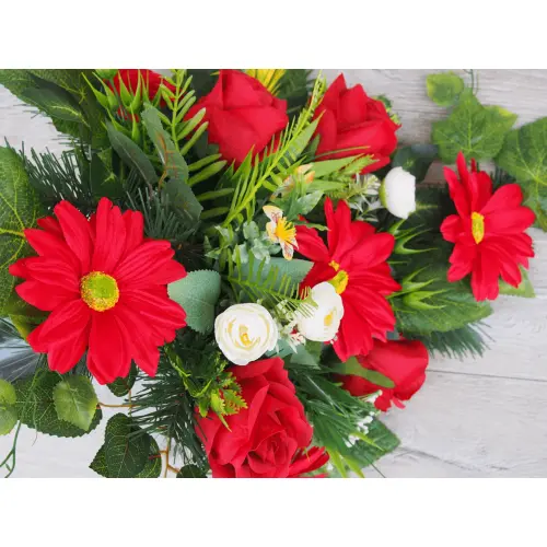 Czerwona gerbera z różą stroik + bukiet do wazonu