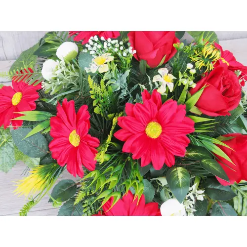 Czerwona gerbera z różą stroik + bukiet do wazonu