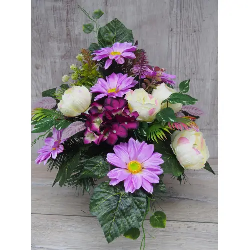 Komplet Nagrobny Fioletowa gerbera z Peoniami - Zestaw Stroik + Bukiet