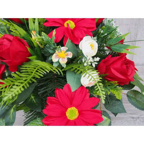 Czerwona gerbera z różą stroik + bukiet do wazonu