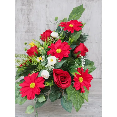 Czerwona gerbera z różą stroik + bukiet do wazonu