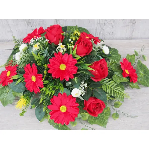 Czerwona gerbera z różą stroik + bukiet do wazonu