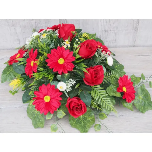 Czerwona gerbera z różą stroik + bukiet do wazonu