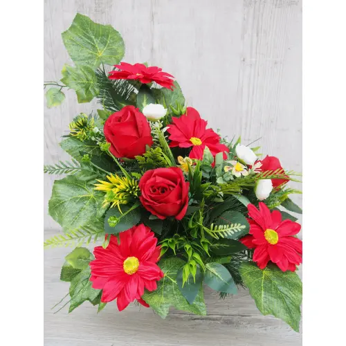 Czerwona gerbera z różą stroik + bukiet do wazonu