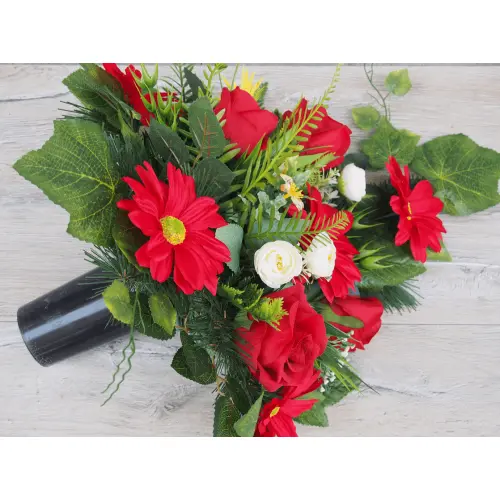 Czerwona gerbera z różą stroik + bukiet do wazonu