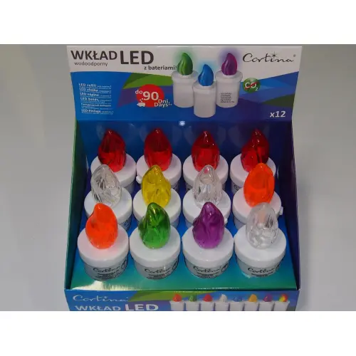 Wkłady LED Cortina Minor 2 90 w różnych kolorach w pudełku zbiorczym.