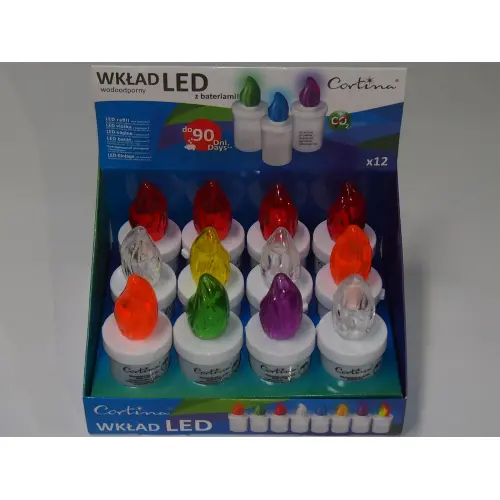 Wkłady LED Cortina Minor 2 90 w różnych kolorach w pudełku zbiorczym.